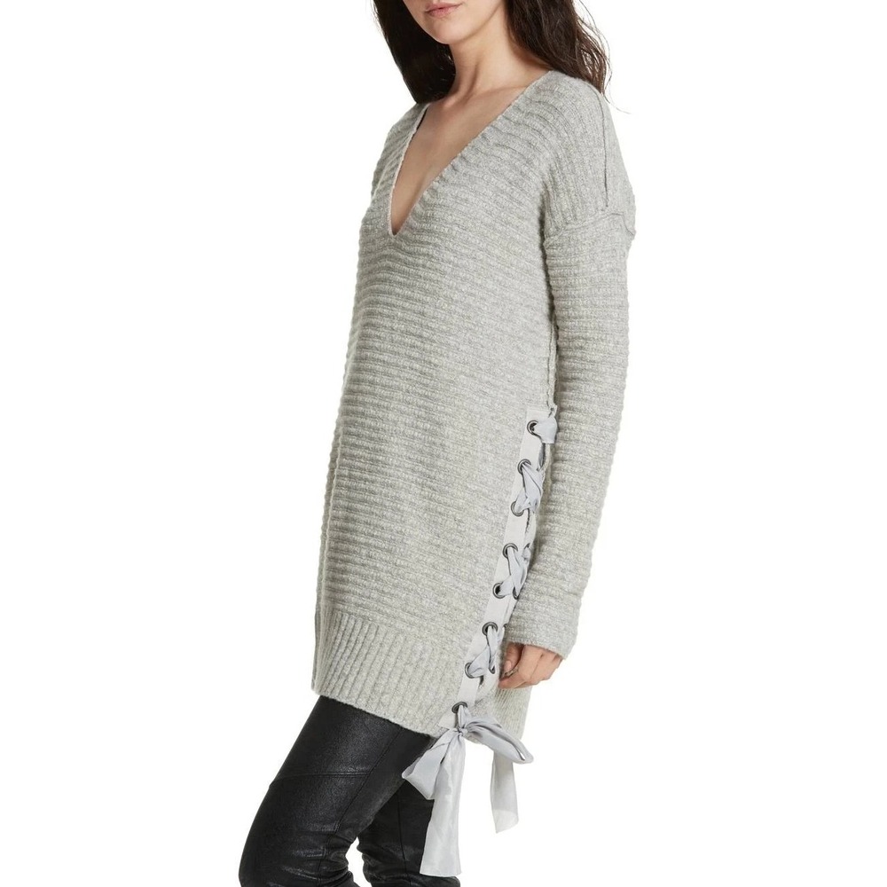 Free People Heart It Lace Up Sweaterโ Womens M Gray Oversized Knit Pullover